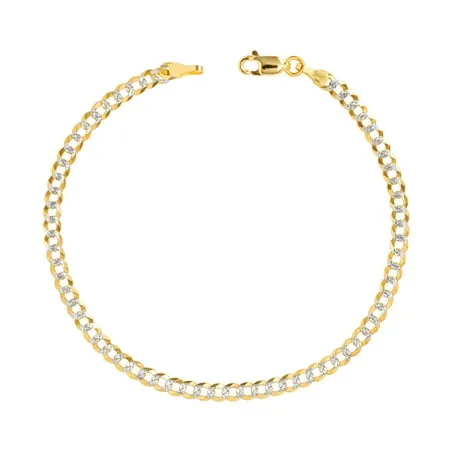 Nuragold 10k Yellow Gold Solid 4mm Cuban Chain Curb Link Diamond Cut Pave Two Tone Bracelet Womens Mens Lobster Clasp 7 7.5 8 8.5 9