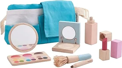 PlanToys Make Up Set for Kids - Sustainably Made from Rubberwood Featuring Organic-Pigment Coloring and Water-Based Dyes with a Mirror, Brush, Bag, and 5 Pieces of Makeup