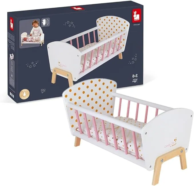 Janod Candy Chic Doll's Bed - Wooden Baby Doll Cradle - Ages 3+ Years J05889