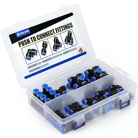 TAILONZ Pneumatic 1/4 inch OD Push to Connect Fittings Pneumatic Fittings Kit 10 Spliters+10 Elbows+10 tee+10 Straight (40 Pcs)