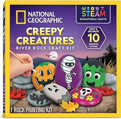 National Geographic Creepy Creatures Rock Painting Kit Halloween Arts Crafts Kit for Kids Decorate 10 River Rocks with 10 P