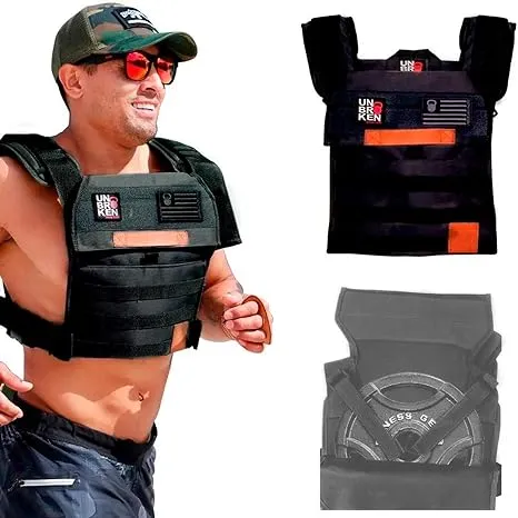 Unbrokenshop.com Adjustable Weighted Vest, WOD Cross Fitness, Weight Plates Carrier for Strength and Endurance Training and Running. For Men or for Women, 2 Patches Included [Black]