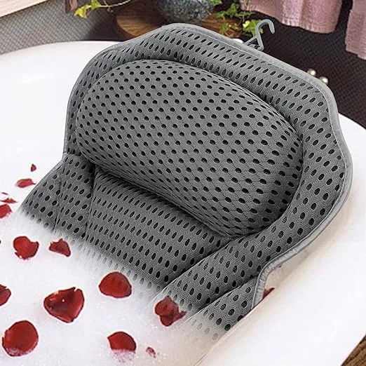 Bath Pillow Spa Bathtub Pillow with Non-Slip Suction Cups, Head, Neck, Back & Shoulder Rest Support, Soft & Luxury Bathtub Cushion, Bath Pillow Fit Hot Tub, Bathtub (Grey 4D Luxury Bath Pillow)