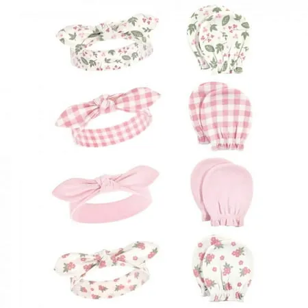 Hudson Baby Cotton Headband and Scratch Mitten Set, Gingham Floral