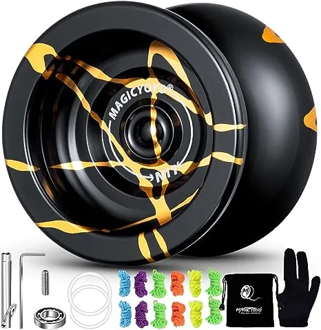 MAGICYOYO N11 Professional Unresponsive Yoyo N11 Alloy Aluminum YoYo Ball (Black with Golden) with Bag, Glove, 12 Yoyo Strings and Responsive Bearing Kit