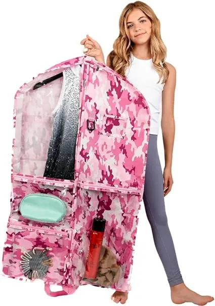 Waterproof Hanging Garment Bag 40 inch Clothes Bag with Gusset, 5 Pockets & Side Zip for Dance Costumes, Cheer, Skating, Theatre, Beauty Pageants & More by Kendall Country, Camo Pink