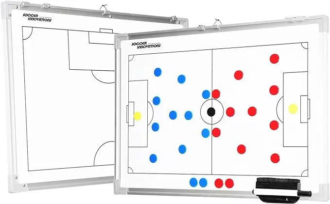 Soccer Innovations Deluxe Dual Sided Magnetic Soccer Coach White Tactic Board Dry Erase Full Field on The Front with Enlarged Half Field on The Back Side.