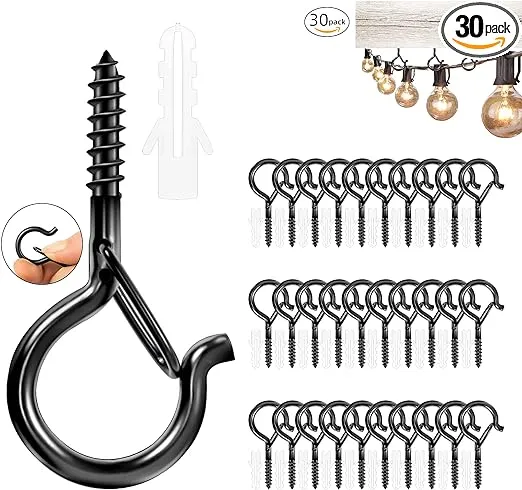 30 PCS Screw in Light Hooks for Outdoor String Lights, Windproof Q Hanger Hooks Safety Buckle, Eye Hooks Cup Hook for Hanging Plants, Christmas Lights & Patio Lights, 2.2 Inches, Black