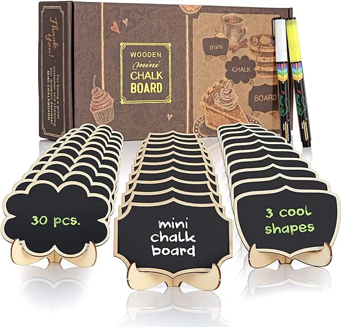 Reusable Mini Chalkboard Signs 30 Pcs in 3 Designs for Food Labels, Table Numbers, and Place Cards Display, Small Blackboards for Weddings, Buffet, and Parties with Wooden Frame and 2 Chalk Markers