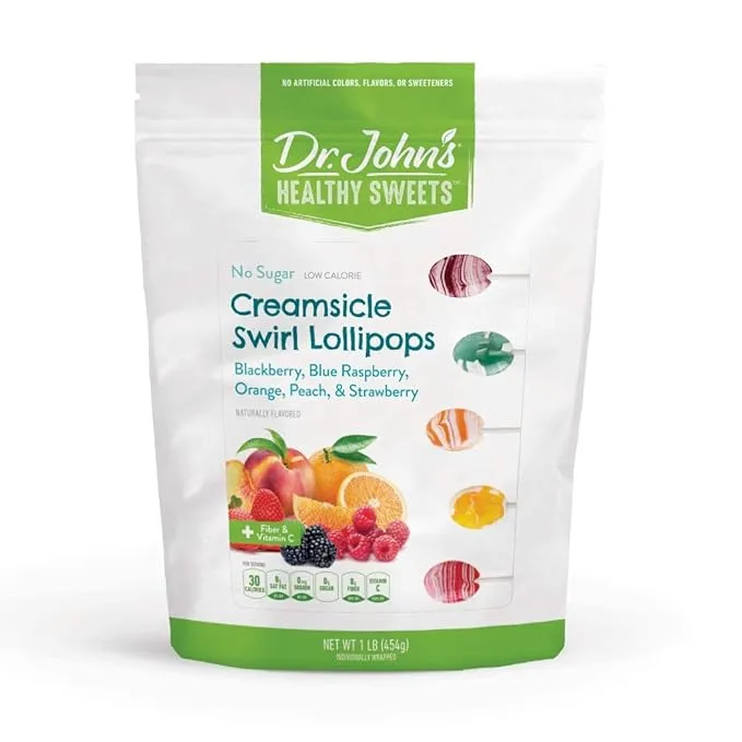 Dr. John’s Sugar Free Candy, Healthy Lollipops with Zero Sugar, Low Calorie Snacks, Keto Friendly Hard Candy Sweets, Creamsicle Swirl Oval, 14 Count, 3.85 OZ