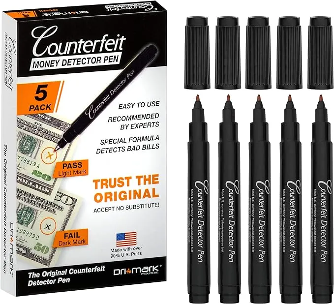 Dri Mark CFD5PK Counterfeit Bill Detector Pen Made In The USA, 3 Times More Ink