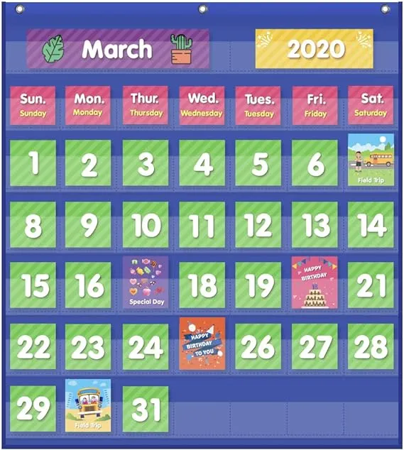 Eamay Classroom Monthly Calendar Pocket Chart with 71 Cards for Kids Learning for Home(Black)