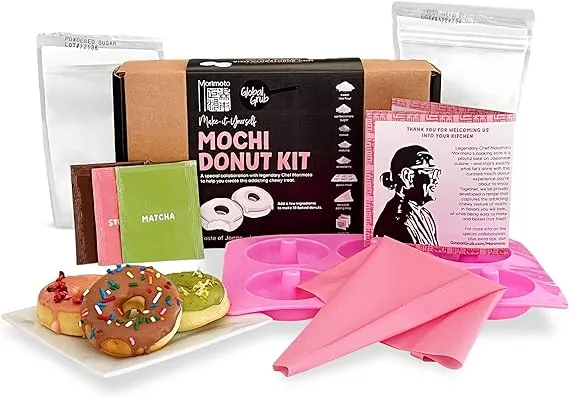 Global Grub DIY Morimoto Mochi Donut Kit - Includes Mochi Donut Mold, Reusable Piping Bag, Sweet Rice Mochi Flour, Confectioners’ Sugar, Strawberry Powder, Cocoa Powder & Matcha Green Tea Powder, Step-by-Step Instructions, Master Chef Approved, Makes 18 