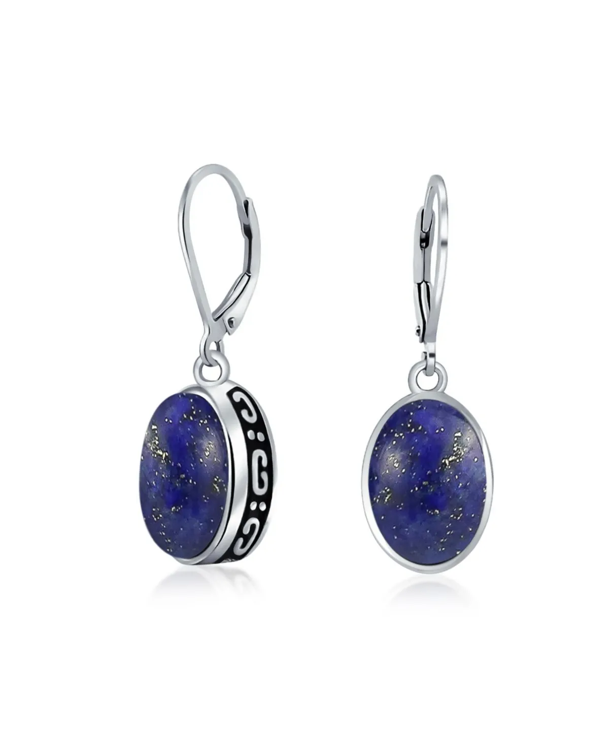 Western Style 3CT Oval Dome Blue Natural Lapis Lazuli Bezel Drop Dangle Lever Back Earrings For Women Sterling Silver