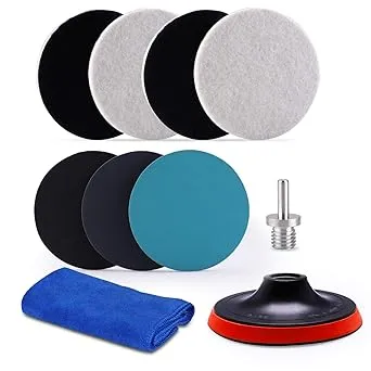 5Inch Glass polishing Pads, 10Pcs Wool Felt Disc Glass Polishing Kit Buffing Pads Sanding Discs with Backing Pad and M14 Drill Adapter for Rotary Tools Polish Glass and Metal