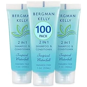 Bergman Kelly - Travel Size 2 in 1 Shampoo & Conditioner - 1 fl oz, 100 PK, Tropical Waterfall - Delight Your Guests w/Invigorating & Refreshing Shampoo Amenities - Small Hotel Toiletries in Bulk