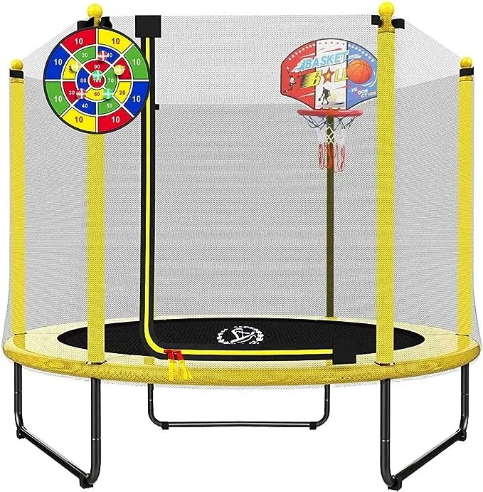 LANGXUN 60" Trampoline for Kids, 5ft Mini Toddler Indoor & Outdoor Trampoline with Net, Basketball Hoop & Dart Board, Birthday Gifts for Boys & Girls, Baby Toddler Christmas Toys