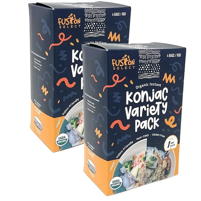 Fusion Select 8 Packs Organic Konjac Rice, Spaghetti, Knot, Angel Hair - Shirataki Plant-Based Substitute - Healthy Diet Pasta - Rich in Fiber - Vegan, Keto, Paleo-Friendly, Zero Gluten, Low-Carb