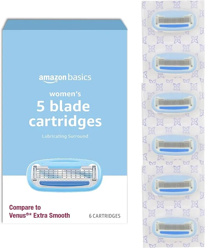 Amazon Basics 5-Blade Razor for Women, Handle, 2 Cartridges & Shower Hanger, 4 Piece Set (Cartridges fit Amazon Basics Razor Handles only) (Previously Solimo)