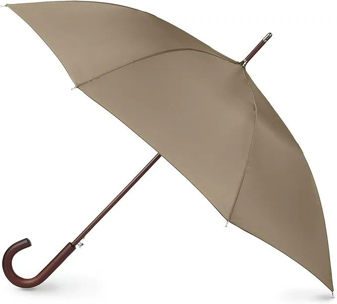 Totes Eco Auto Open Umbrella Classic Wooden J Stick Handle with Easy Grip - Windproof, Rainproof and Durable Canopy Design – Versatile Travel, Perfect for Rainy Days