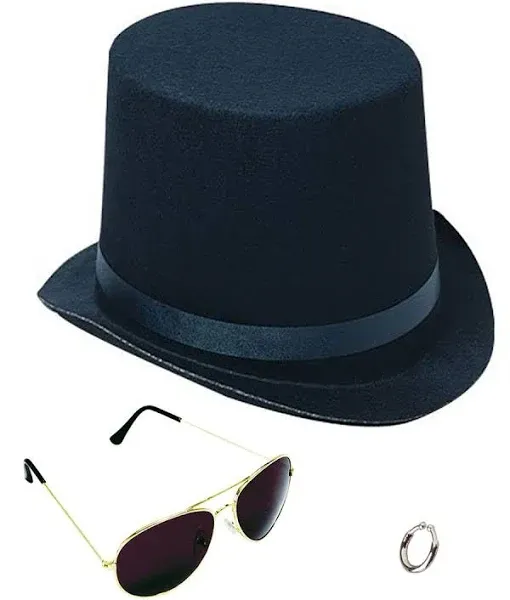 Lip Ring Top Hat and Aviator Sunglasses The Slash Bundle Costume Accessories Black/Silver