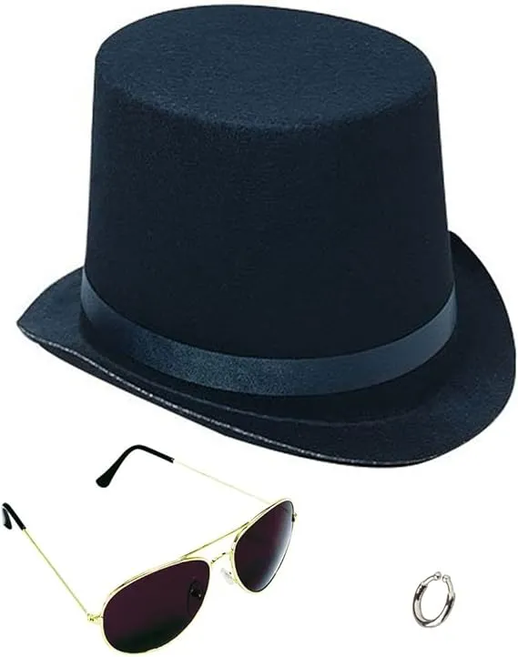 Lip Ring Top Hat and Aviator Sunglasses The Slash Bundle Costume Accessories Black/Silver