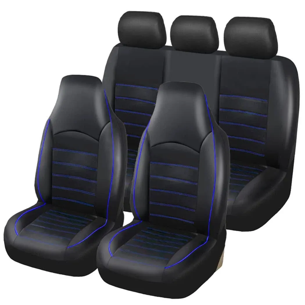 TOYOUN Classic Universal PU Leather Car Seat Covers Full full set, Black-Blue 