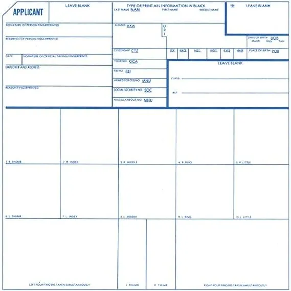 Identicator Applicant Fingerprint Cards, Pack of 250, FBI Standard Form No. FD-258