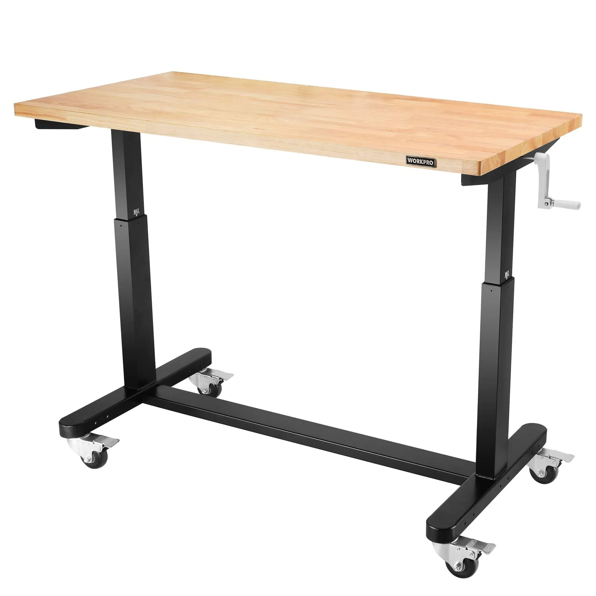 WORKPRO 48” Height Adjustable Work Table with Crank Handle and Casters, 48” x 24” Wooden Top Standing Desk Workbench, Heights from 29”-38”, 500 Lbs Load Capacity for Garage, Office, Home