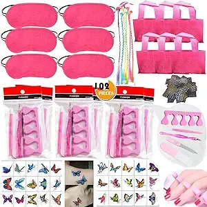 102PCS Spa Party Favors for Girls Women Multiple Spa Supplies Bday Gift - Spa Masks Tote Bags Colored Hair Extensions Body Butterfly Mixed Nail Decal Set Nail File Toe Separator and More Nail Care Kit