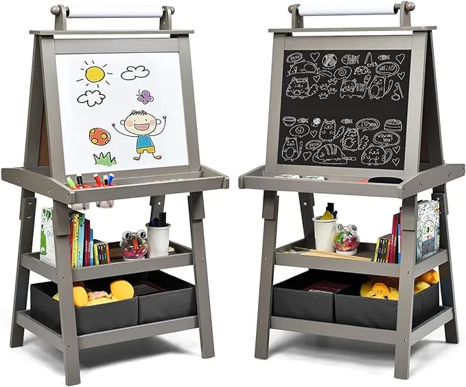 Kids Art Easel, 3 in 1 Double-Sided Storage Easel w/Whiteboard, Chalkboard ...