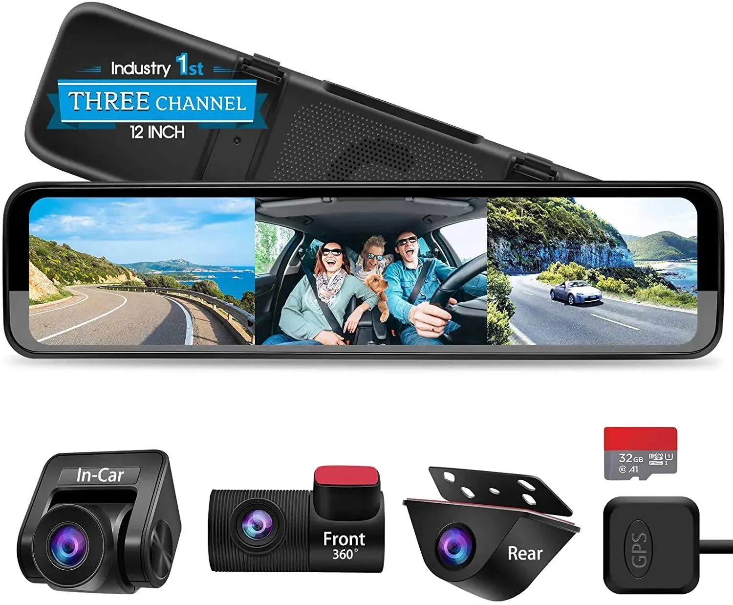 Triple Mirror Dash Cam 12" with Detached Front and In-car Camera,Waterproof Back