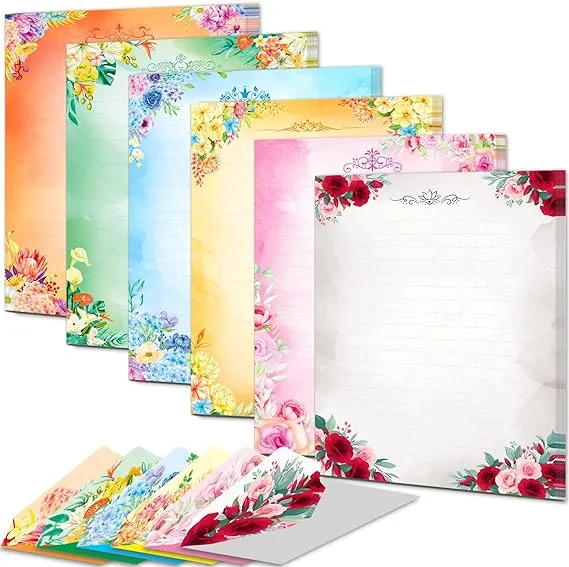 Anzon Mories 72 Pieces Cute Stationary Writing Paper and Envelope Set (2 Sides Colored, 1 Side Lined) 48 Sheets, 24 Pcs Envelopes, Flower Letter Stationery Floral Decoration (Inches, 5.5 x 7.5)