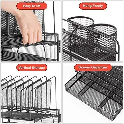 Marbrasse Desk Organizer with Drawer, 4-Tier Mesh Desk File Organizer with 5 Vertical File Holders and 2 Pen Holders, Multifunction Desktop Organizer