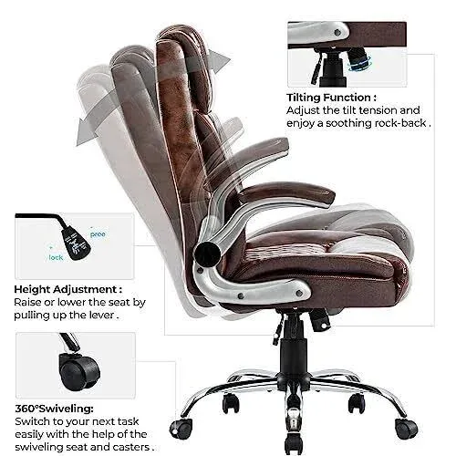  High Back Ergonomic Office Chair, Flip Arms Big &amp; Tall Executive Brown-7011