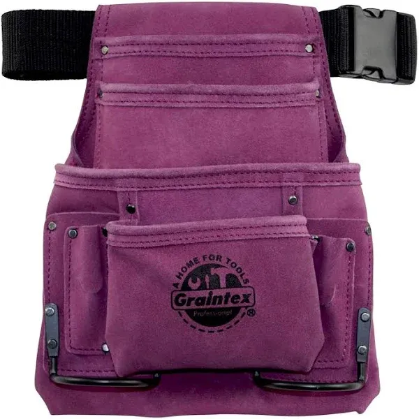 Graintex 10 Pocket Nail & Tool Pouch Purple Color Suede Leather with 2 Webbing Belt for Constructors