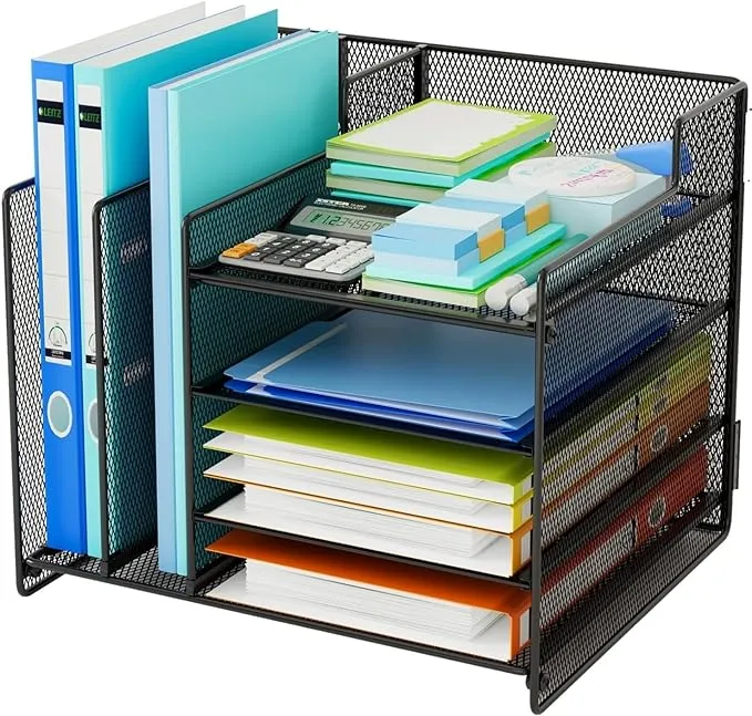 2 Pack Desk Organizers with File Holder, 4-Tier Mesh Letter Tray Paper Organizer and 2 Vertical File Sorter Desktop File Organizer Office Supplies Storage for Office Home School