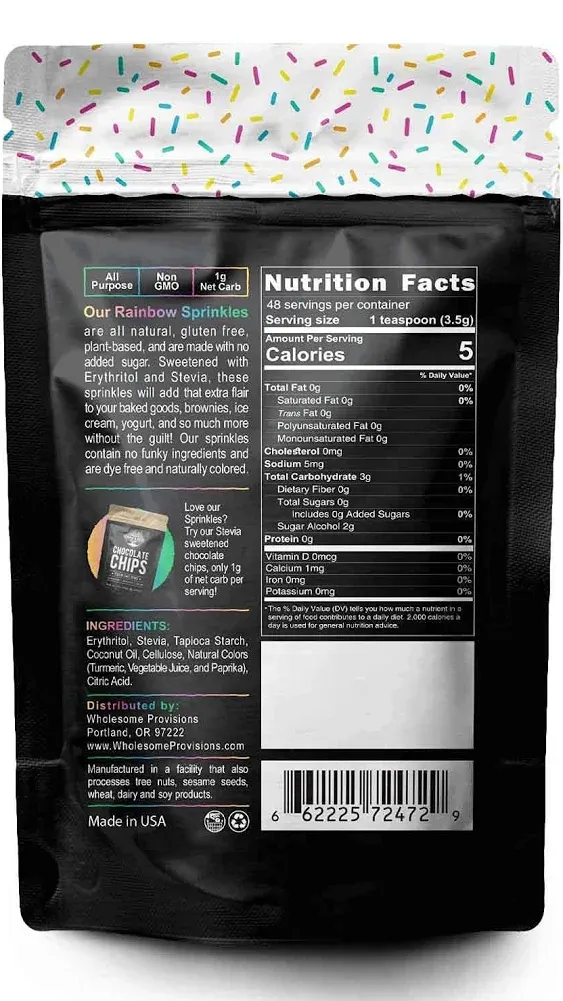 Keto Sprinkles, 6 oz. Larger Value Size, Dye Free, Non-GMO, Plant-Based, Vegan, Gluten Free, All Natural, No Artificial Coloring, Sugar Free Sprinkles, 1g Net Carb (Rainbow, 4 Pack)