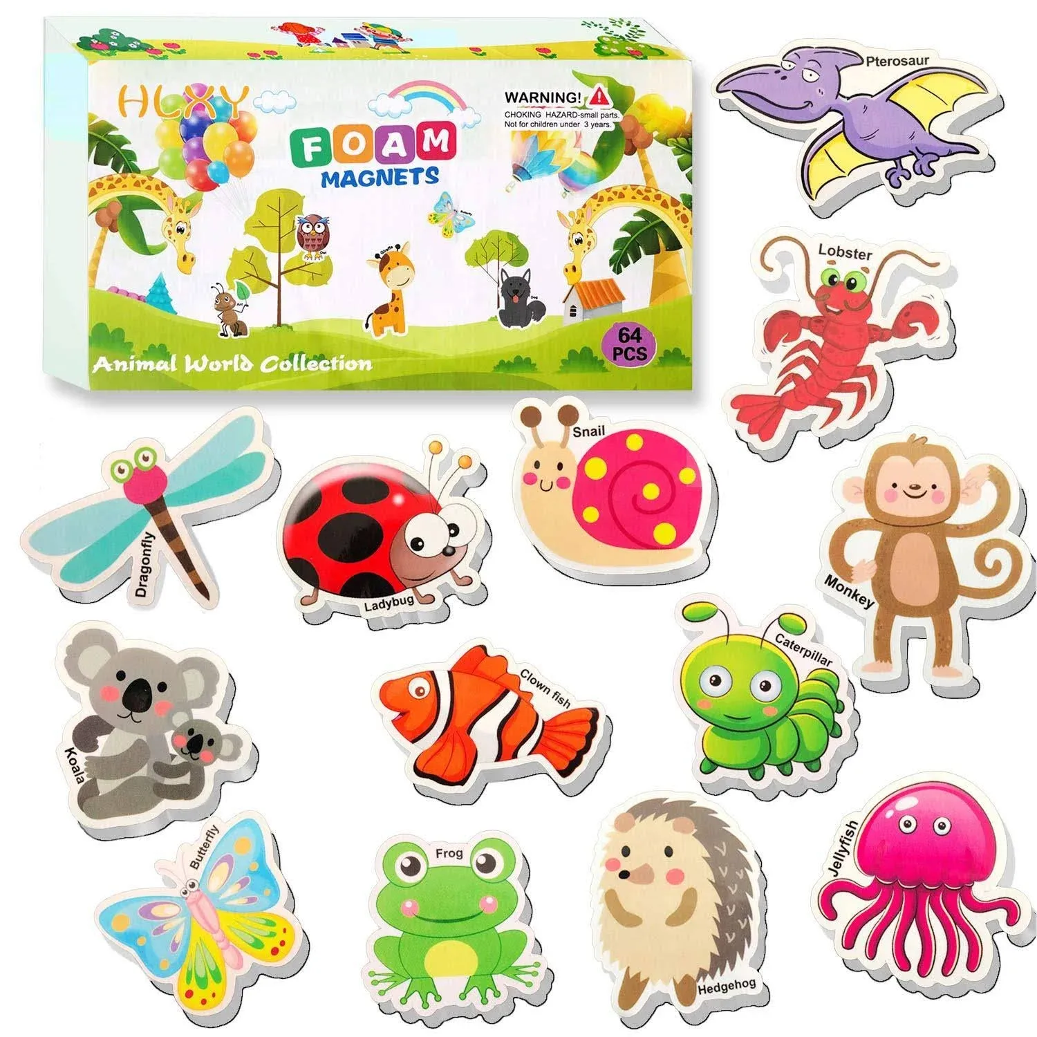 Hlxy Refrigerator Magnets for Kids 64 Pcs Animals Magnets Toys -Dinosaurs Insect Ocean Sea Animal Magnets - Foam Animal -Fridge Magnets for Toddlers