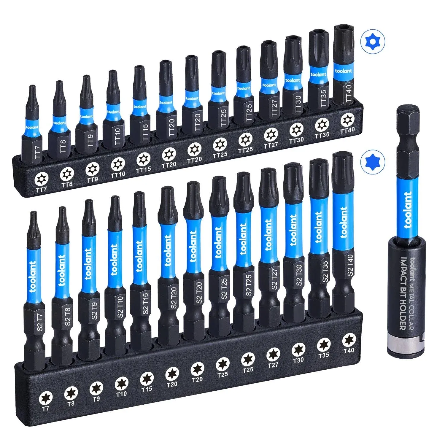 toolant Impact Torx Bit Set 27pcs (T7-T40), S2 Steel Security Torx Bit Set, Tamper Proof Star Bit Set with CNC Machined Tips, 1"&2" Long Impact Bits with Magnetic Bit Holder and Storage Box