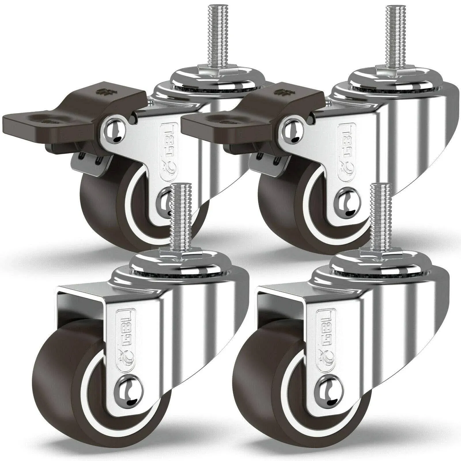 GBL 1" inch Small Caster Wheels with 2 Brakes -1/4" -20 x 3/5" (Stem Dia. 1/4", Length 3/5") - 90Lbs - Low Profile Castor Wheels with Brakes - Set of 4 No Floor Marks Silent Casters - Mini Wheels