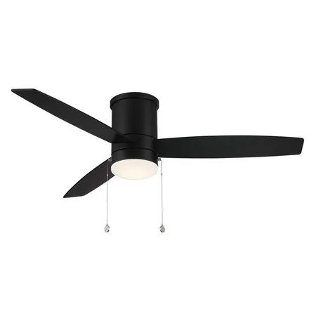 Atlantis 3-Blade Pull Chain Flush Mount Ceiling Fan 52in Matte Black with 3000K LED Light Kit