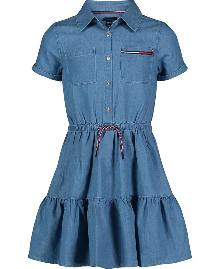 Tommy Hilfiger Toddler Girls Lightweight Denim Ruffled Shirtdress - Highline Wash