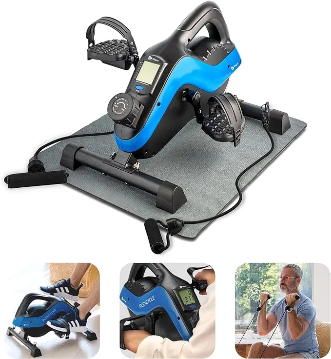 Under Desk Bike Pedal Exerciser with Resistance Bands, Arm and Leg Mini Exercise Bike Stationary Bike Pedals, Desk Exercise Equipment, Foot Pedal Exerciser and Desk Workout Compatible with Fitness App