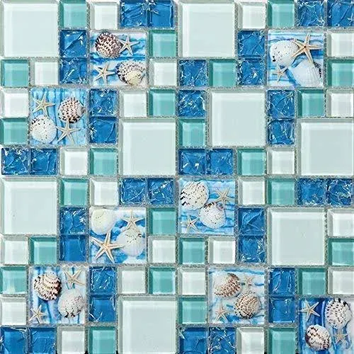 Hominter 11-Sheets Blue Ice Crack Glass Tile, White and Teal Bathroom Wall Tiles, Beach Style House Kitchen Backsplash GC370