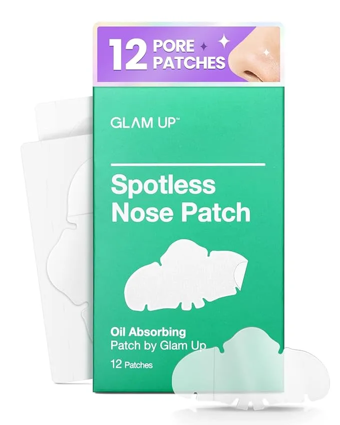 GLAM UP Spotless Nose Patch Hydrocolloid Coverage for Nose Pores, Zits and Oil - Overnight Strong Waterproof to Absorb Blackheads & Pimple Nose Gunk, and Calm with Tea Tree (12 Patches)