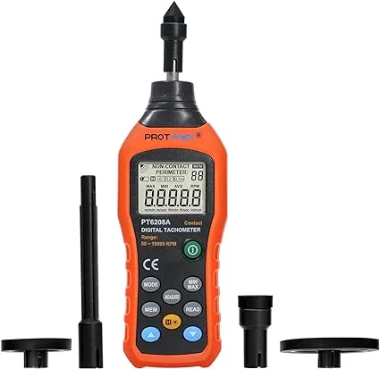 PT6208A Digital Contact Tachometer, Contact Measurement Speed Tach Meter, 50-19999RPM Speed Meter, Contact Tach RPM Meter with 100 Groups Data Logging, Data Hold, Max/Min/AVG, Backlight