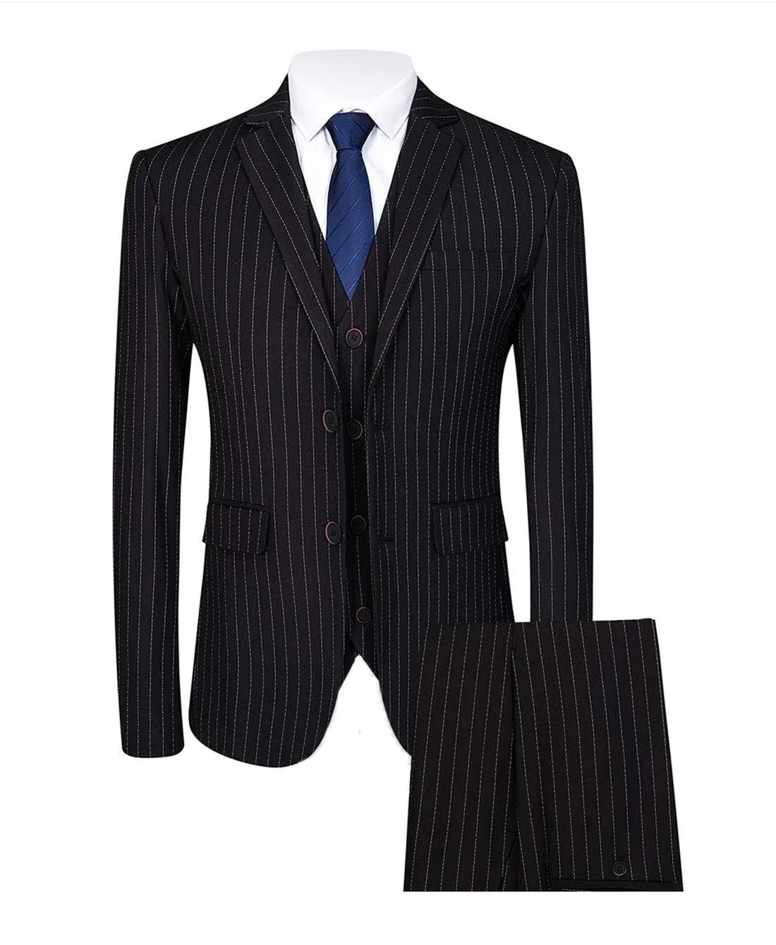 Mens 3 Piece Pinstripe Suit Slim Fit Casual Dress Suits Blazer + Vest + Pants