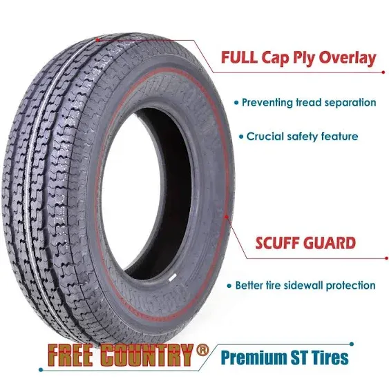 5 FREE COUNTRY Heavy Duty Trailer Tires ST205/75R15 10PR Load Range E Steel Belted Radial w/Scuff Guard5 FREE COUNTRY Heavy Duty Trailer Tires ST205/75R15 10PR Load Range E Steel Belted Radial w/Scuff Guard