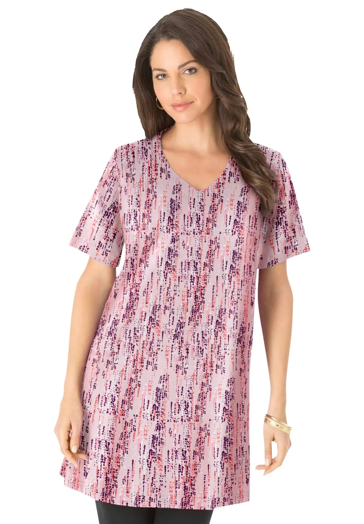 Roaman's Women's Plus Size Short-Sleeve V-Neck Ultimate Tunic - M, Soft Blush Speckle